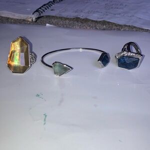 Chloe + Isabel Alpenglow and ocean lace statement rings, open cuff bracelet,